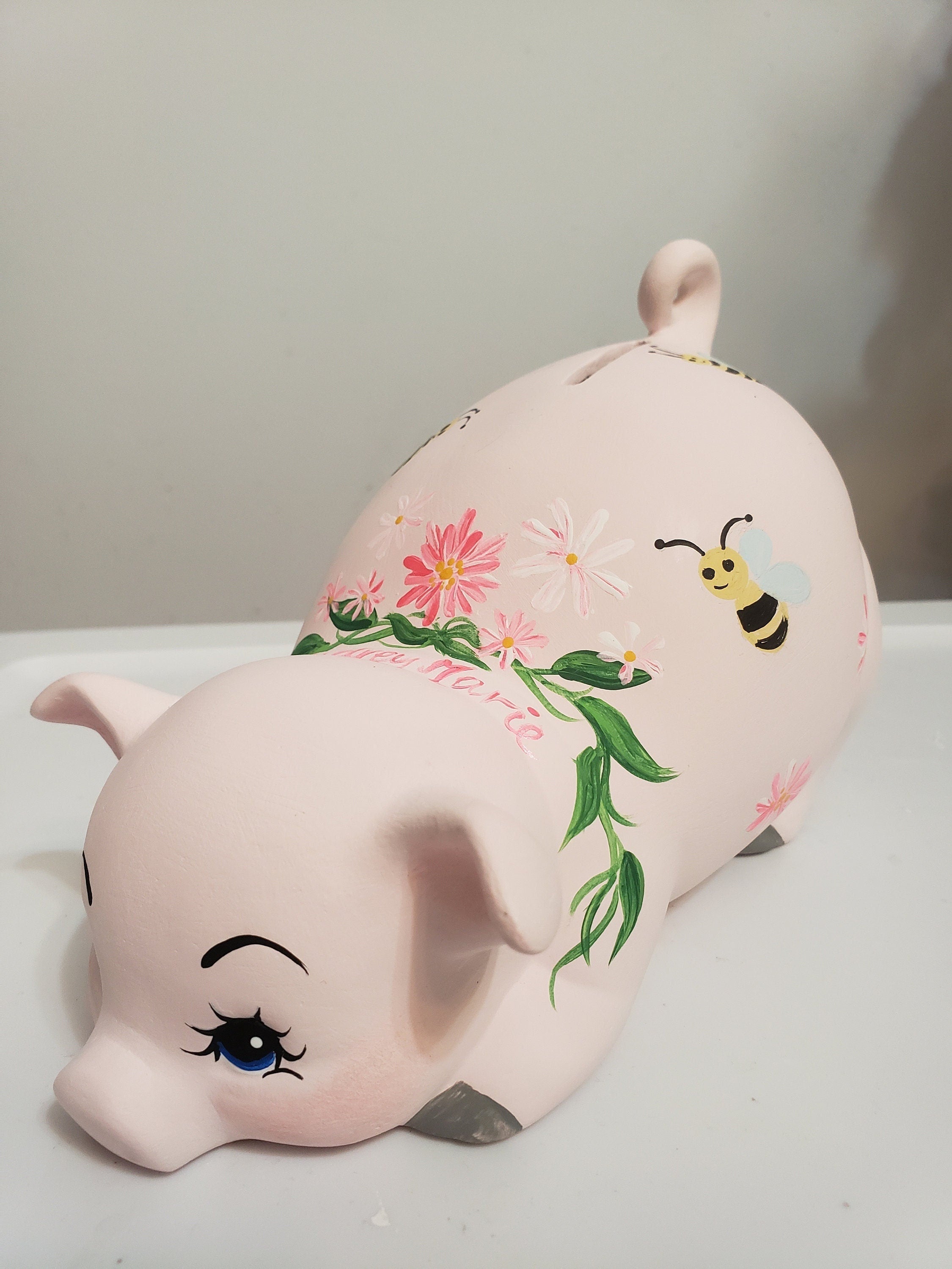 Small-sized, Personalized piggy bank with flowers anh bees