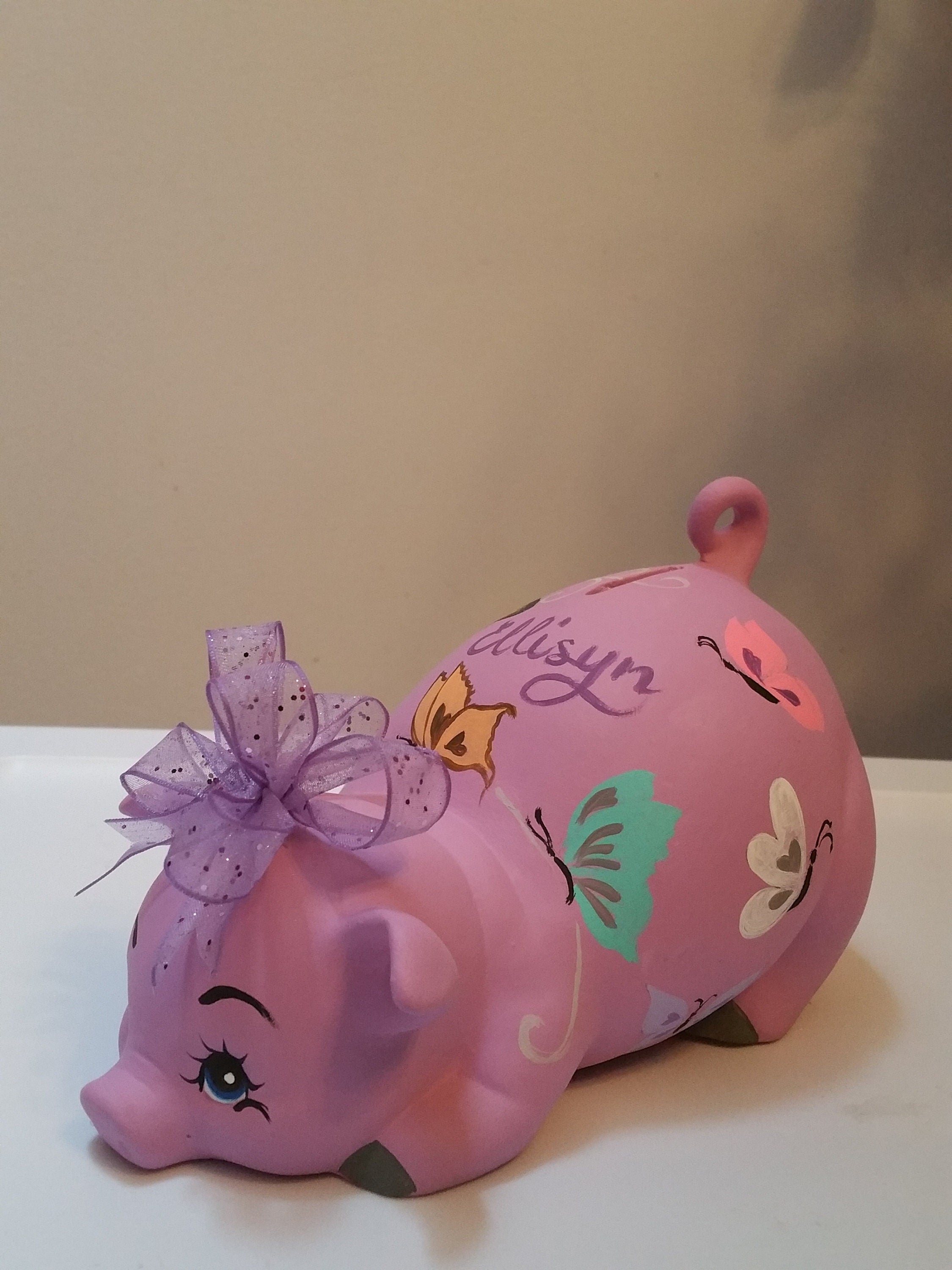 Orchid Piggy Bank With Butterflies and Custom Bow