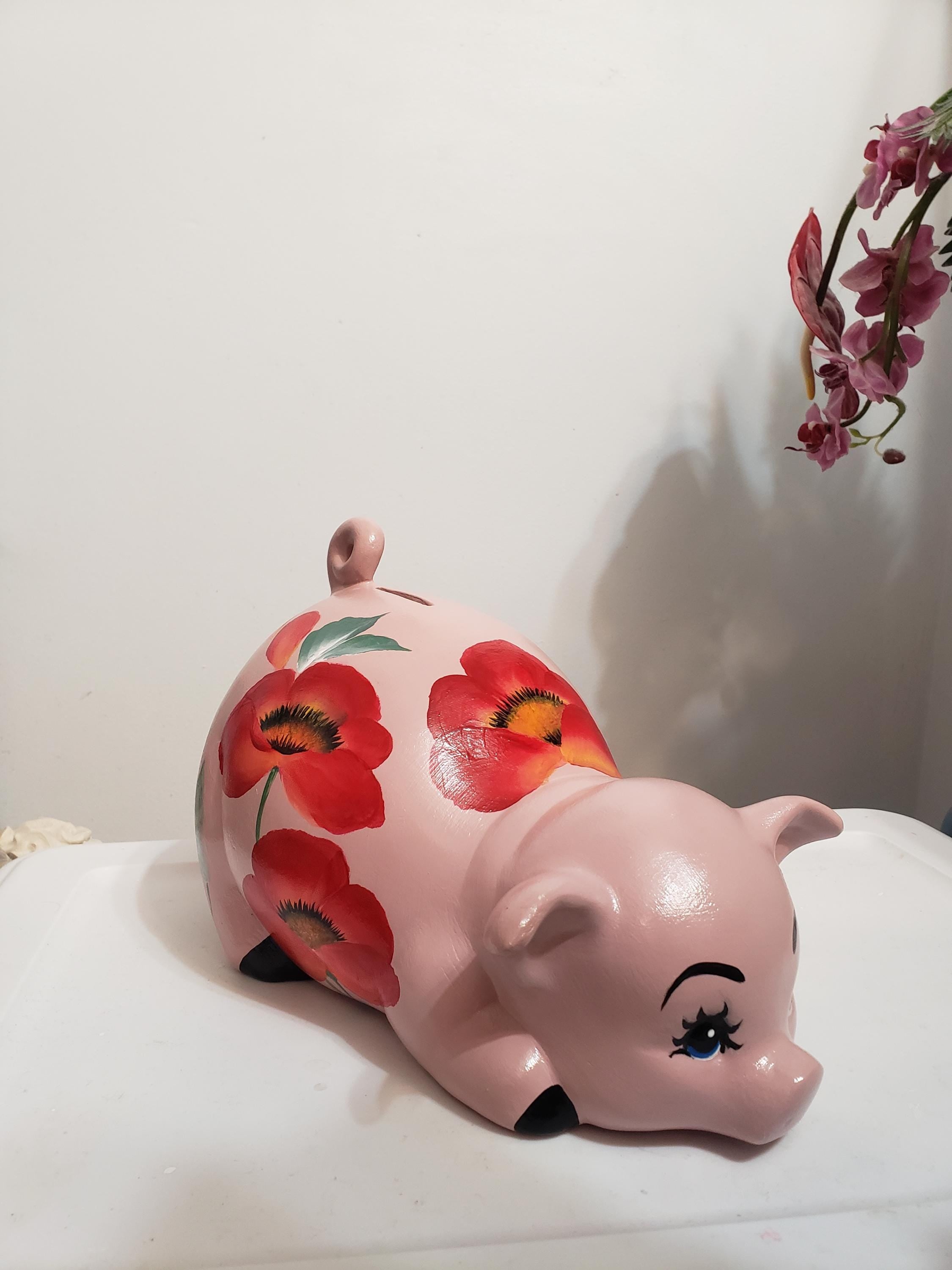 Large blush pink Piggy with red Poppies Design.  This listing is for a large pig.  If a small one is preferred, please contact us.