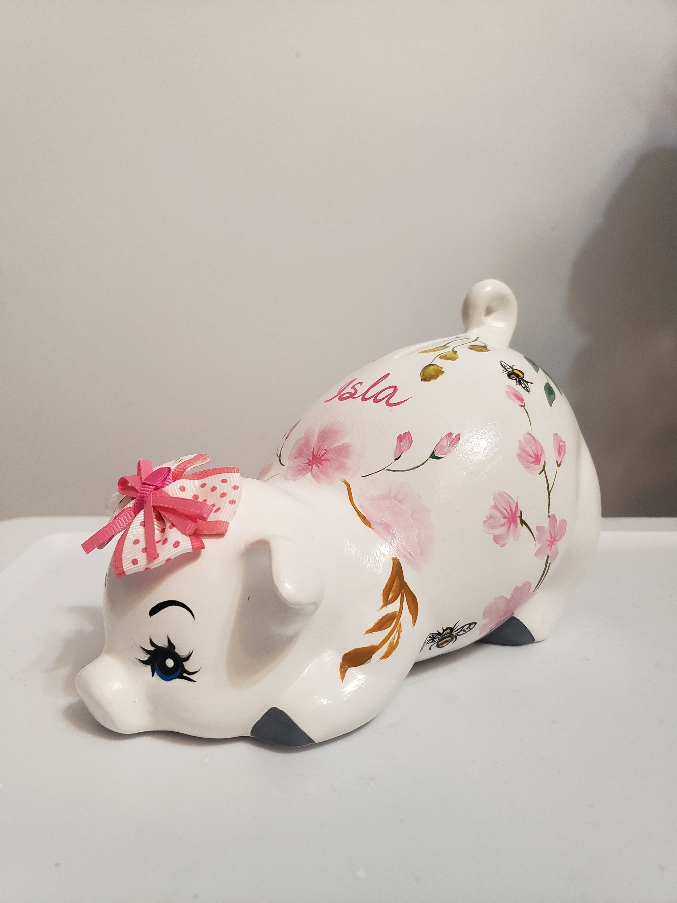 Small-sized, Personalized piggy bank with flowers anh bees