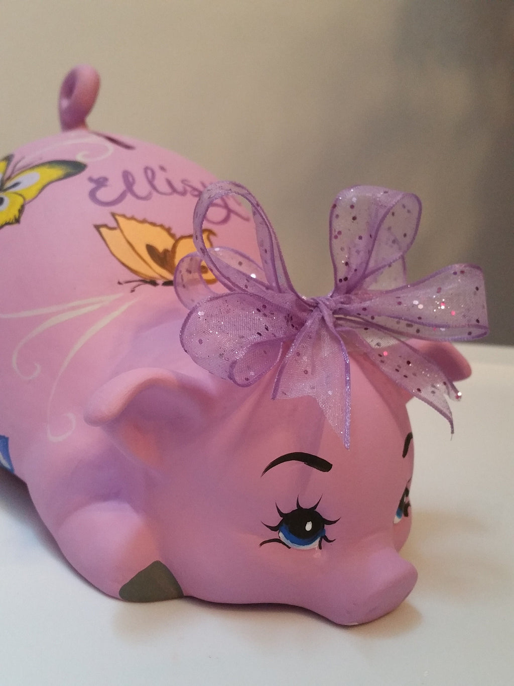 Orchid Piggy Bank With Butterflies and Custom Bow