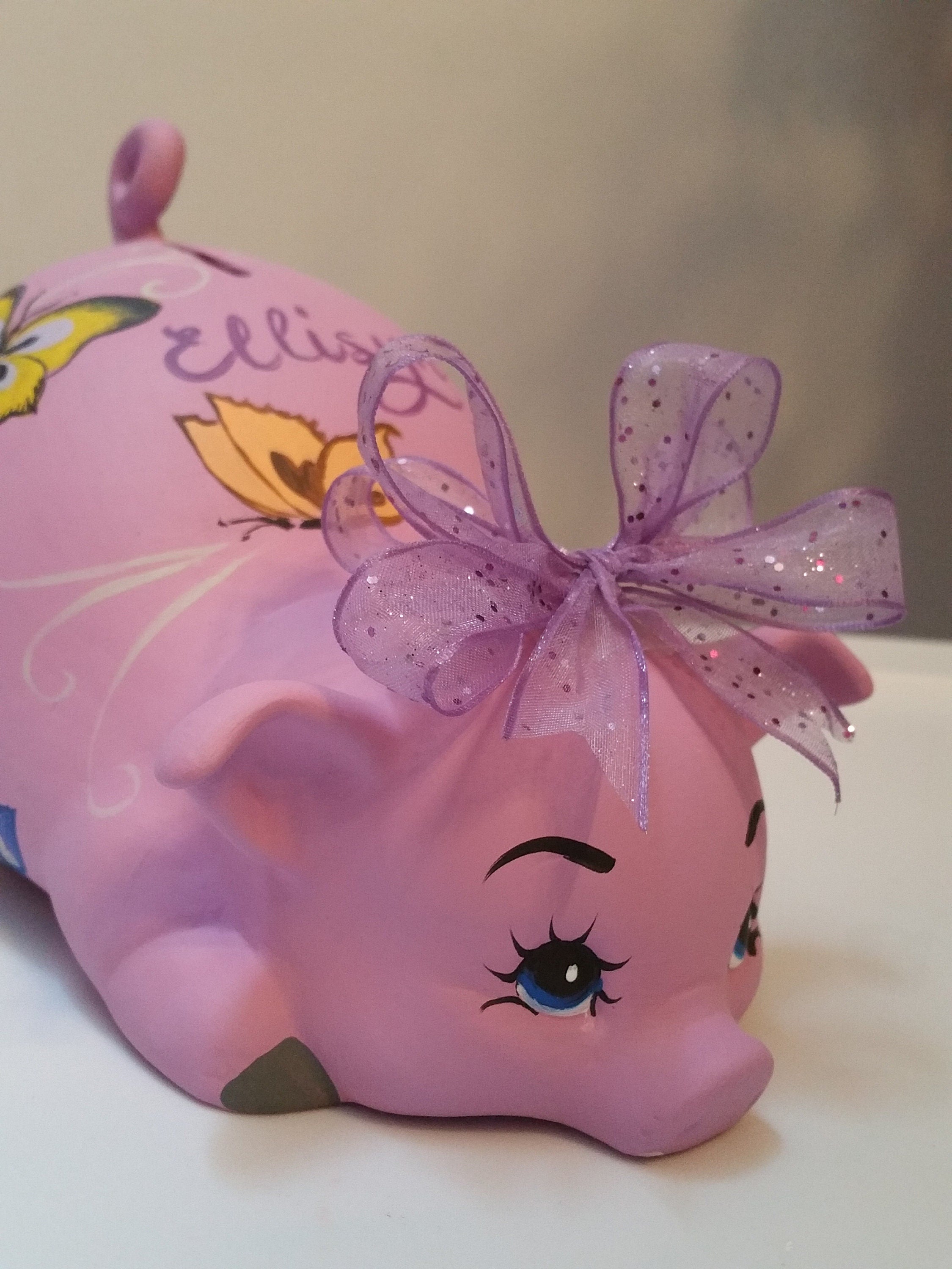 Orchid Piggy Bank With Butterflies and Custom Bow