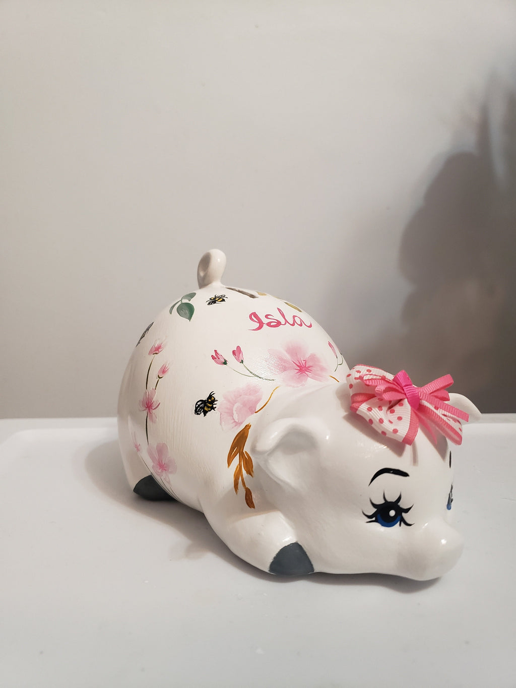 Small-sized, Personalized piggy bank with flowers anh bees