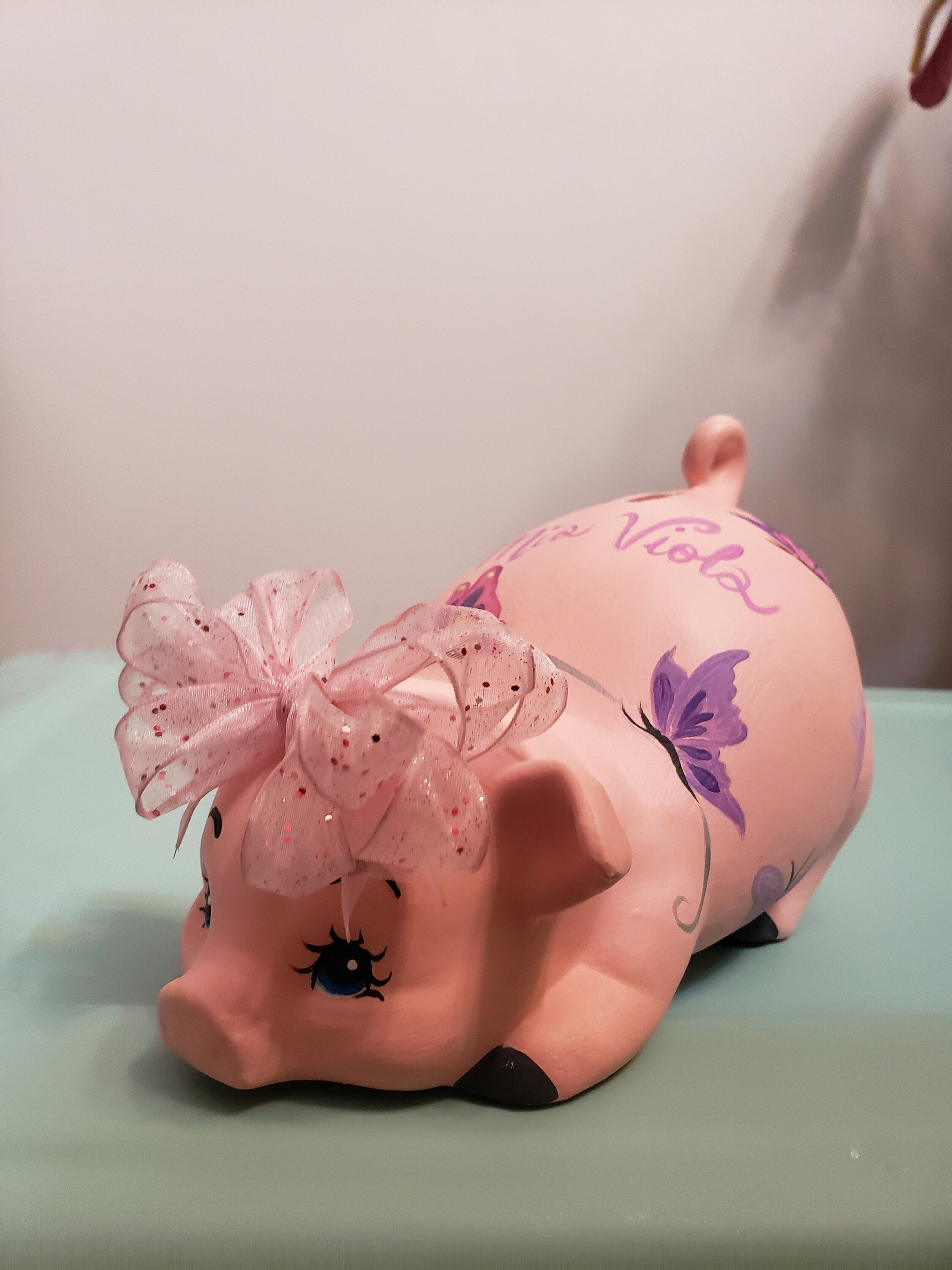 Pink Piggy Bank With Butterflies and Custom Bow