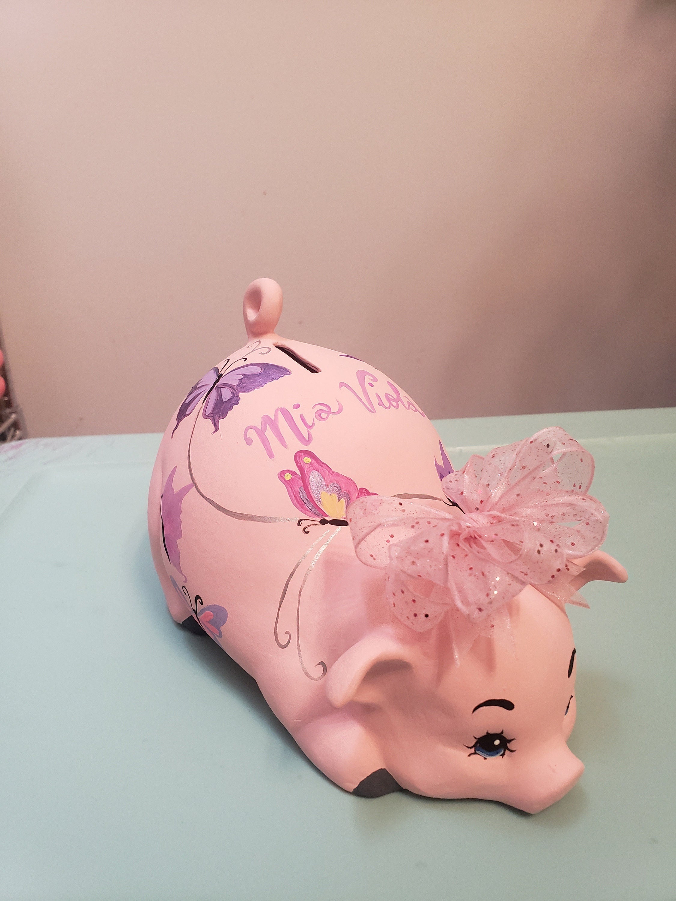 Pink Piggy Bank With Butterflies and Custom Bow
