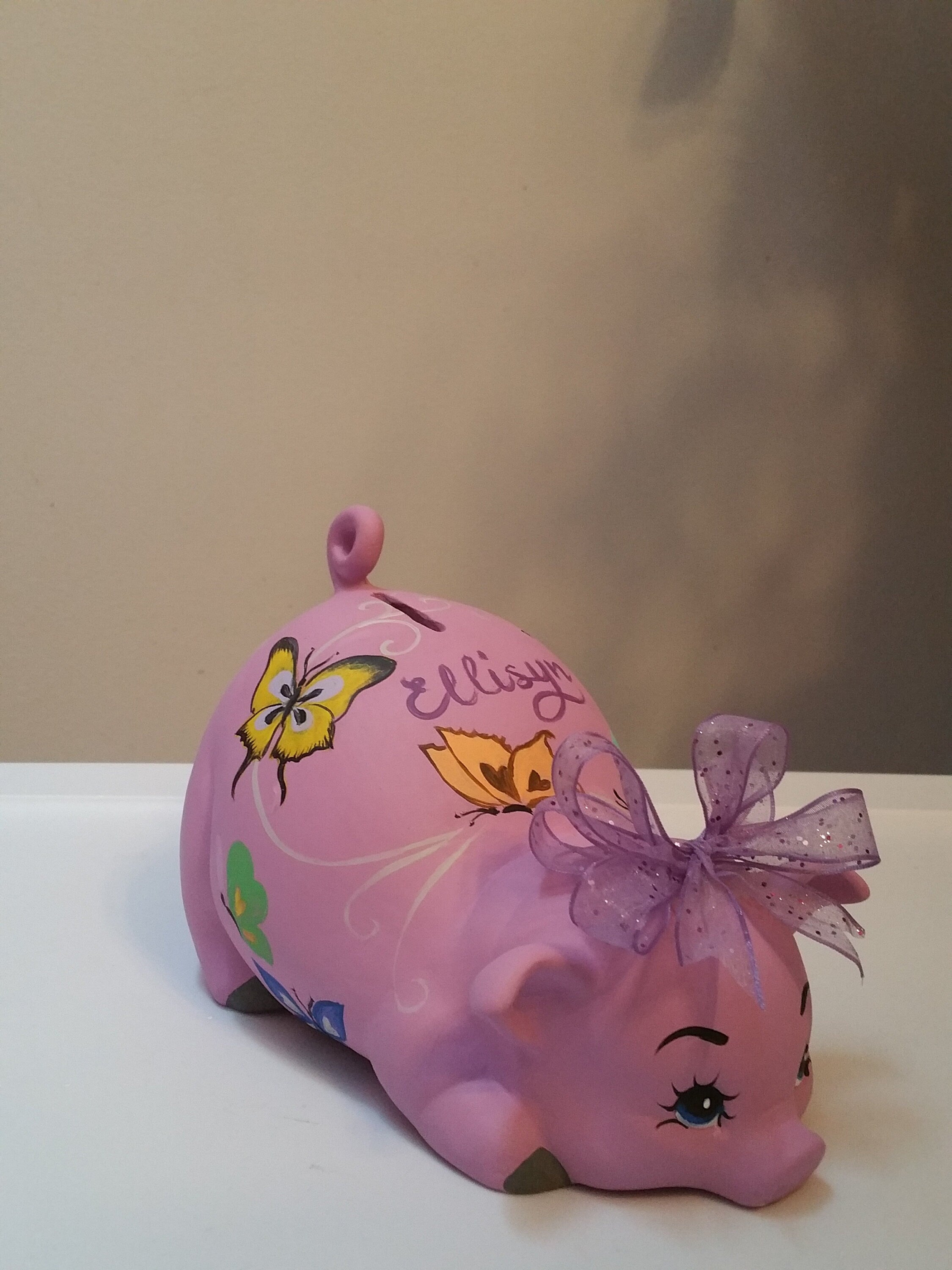 Orchid Piggy Bank With Butterflies and Custom Bow