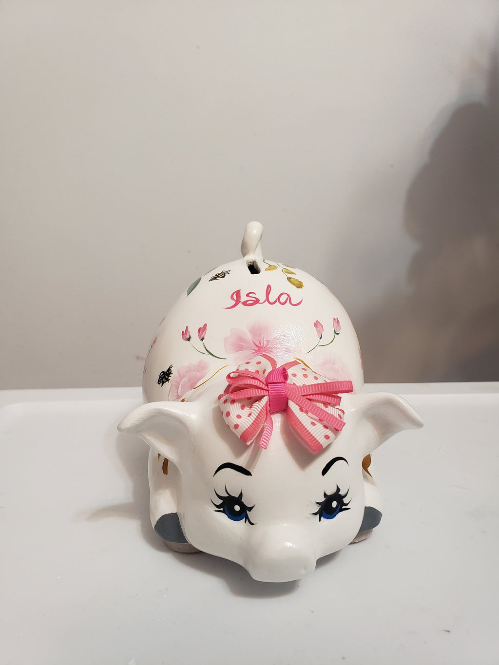 Small-sized, Personalized piggy bank with flowers anh bees