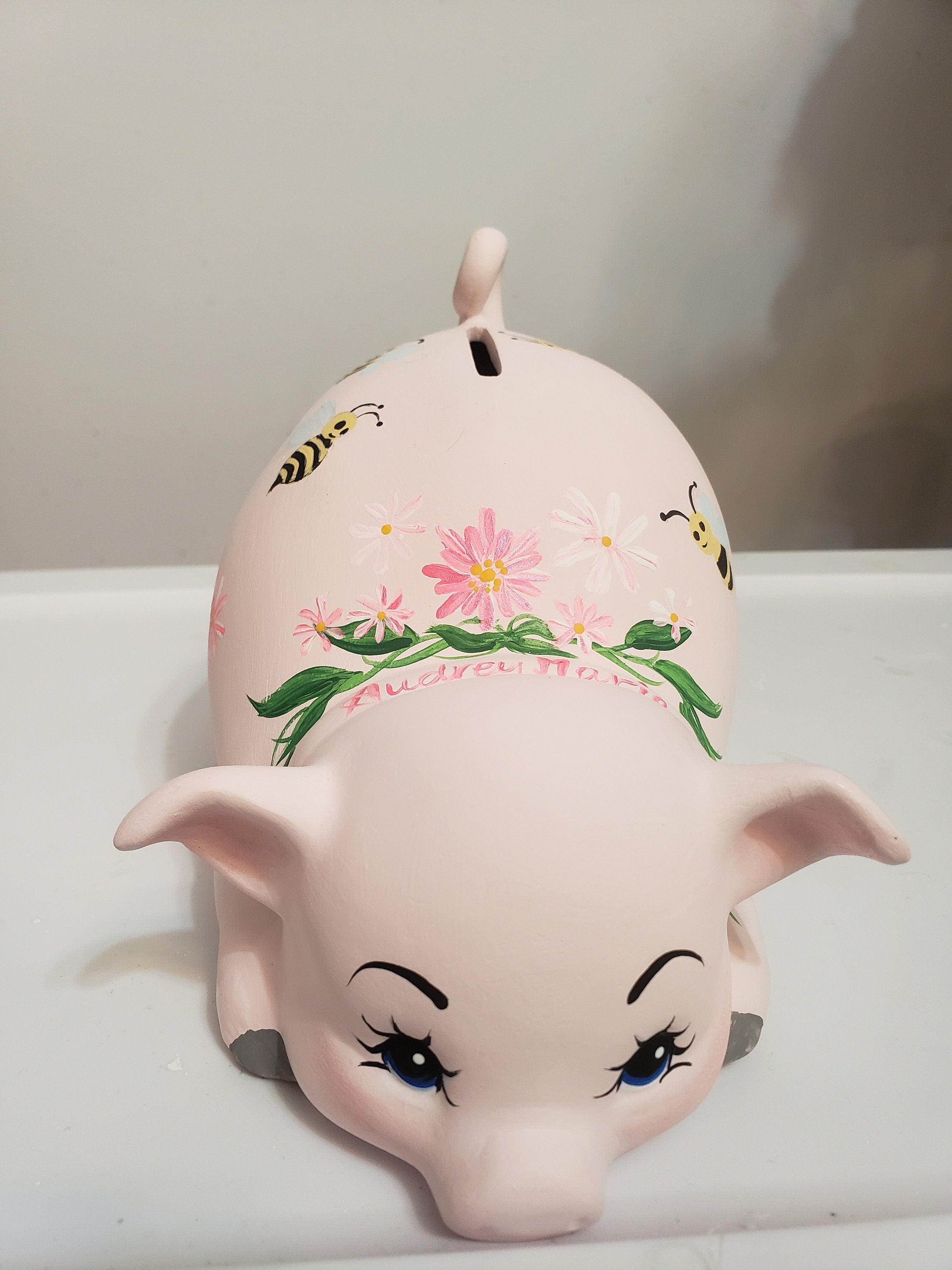 Small-sized, Personalized piggy bank with flowers anh bees