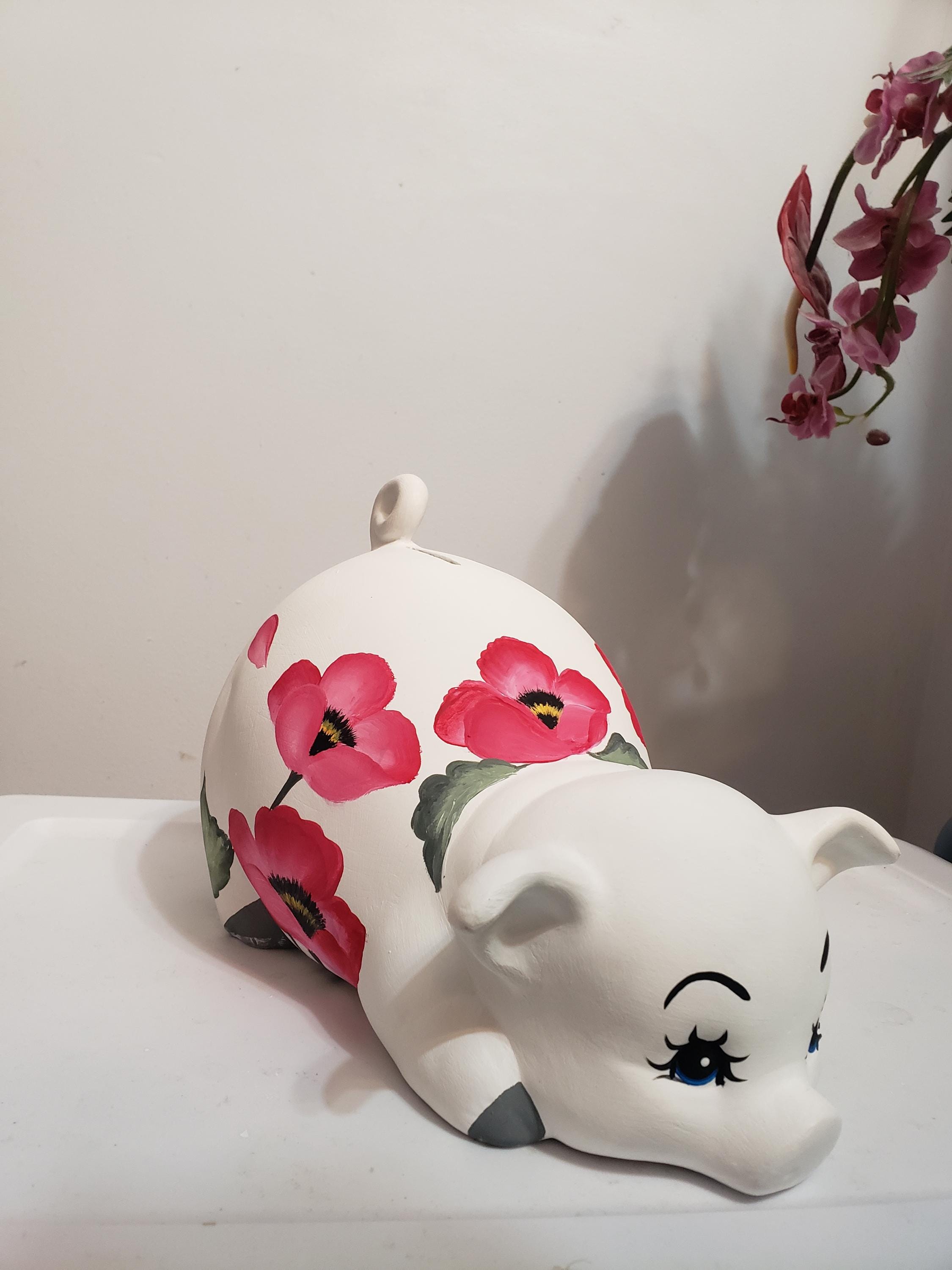 Large White Piggy with Poppies Design