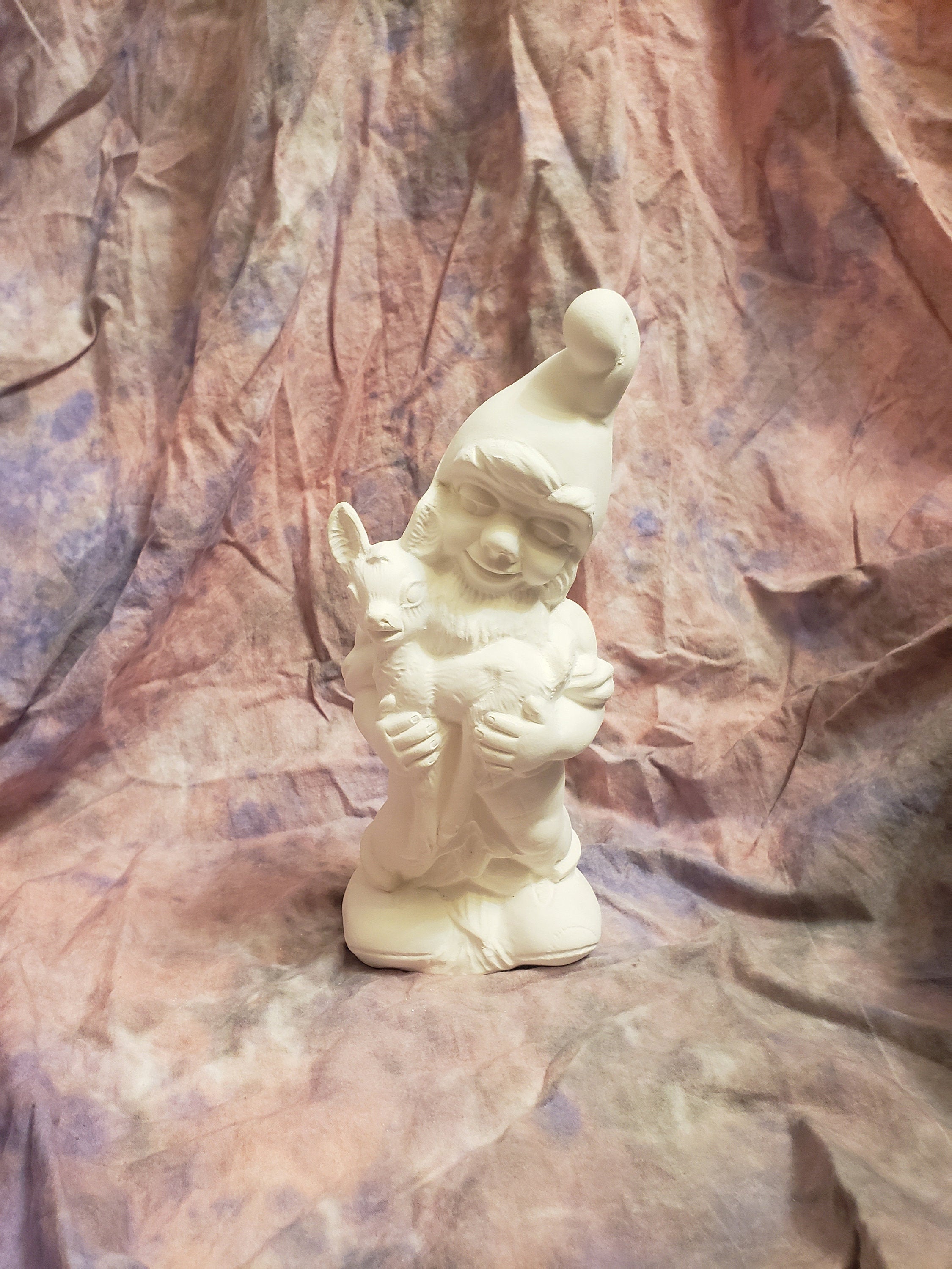 Garden gnome holding deer bisque-ready to paint