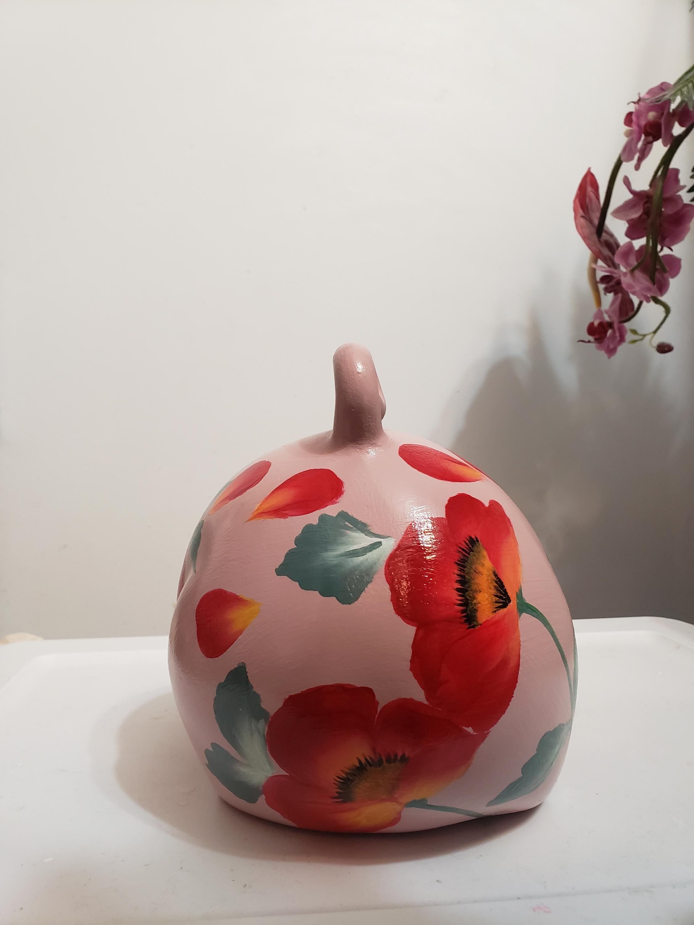 Large blush pink Piggy with red Poppies Design.  This listing is for a large pig.  If a small one is preferred, please contact us.