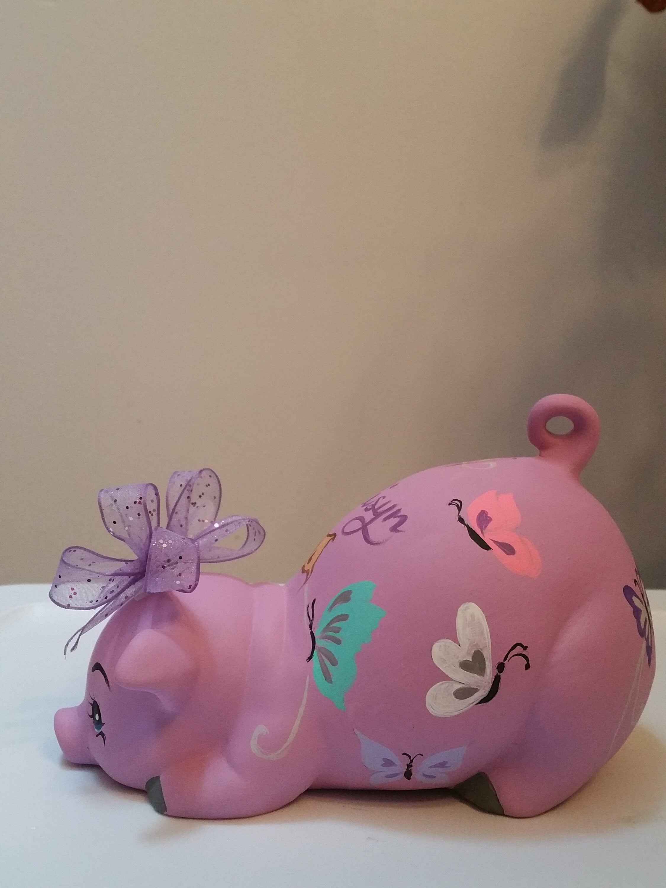 Orchid Piggy Bank With Butterflies and Custom Bow
