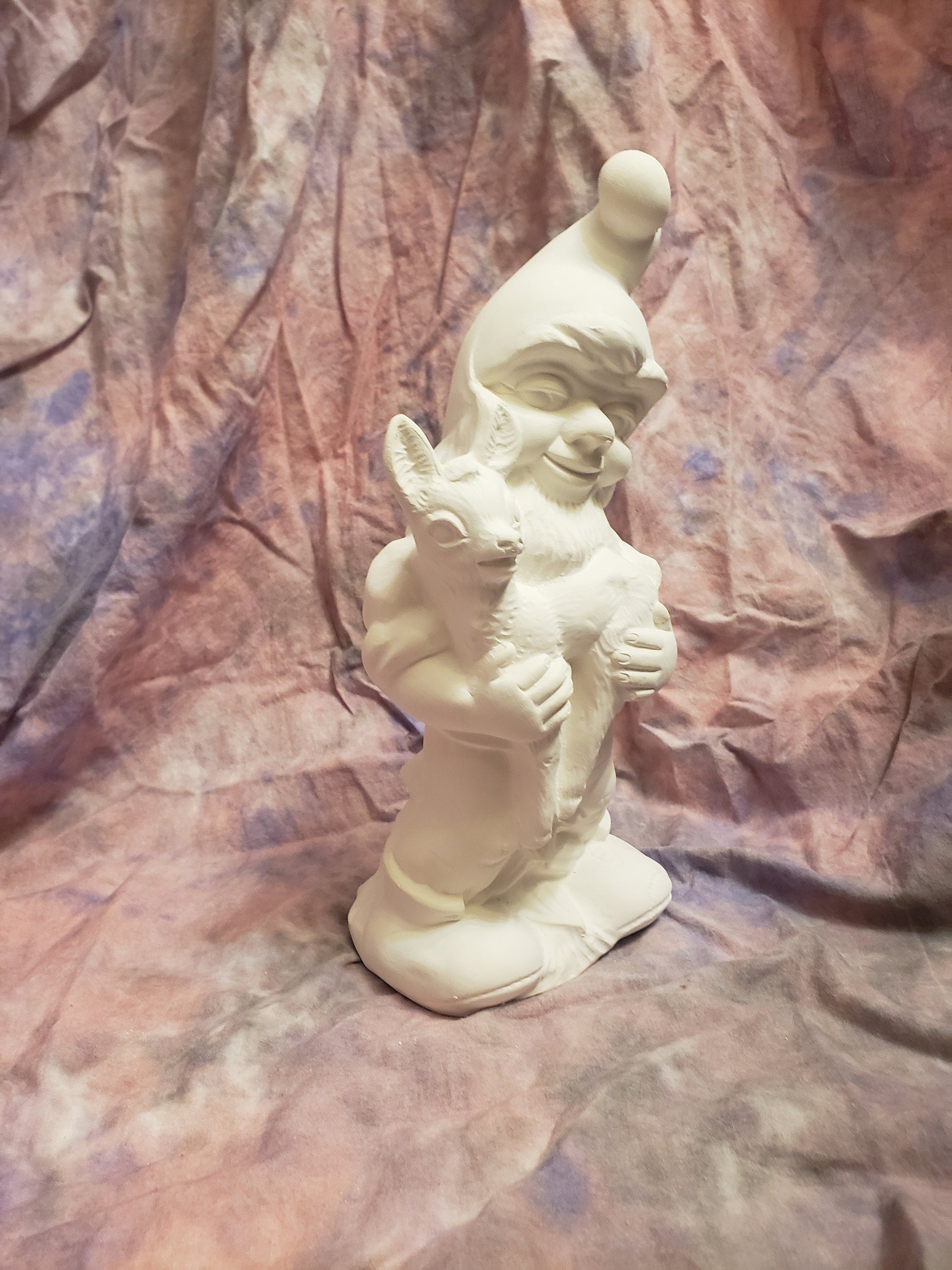 Garden gnome holding deer bisque-ready to paint