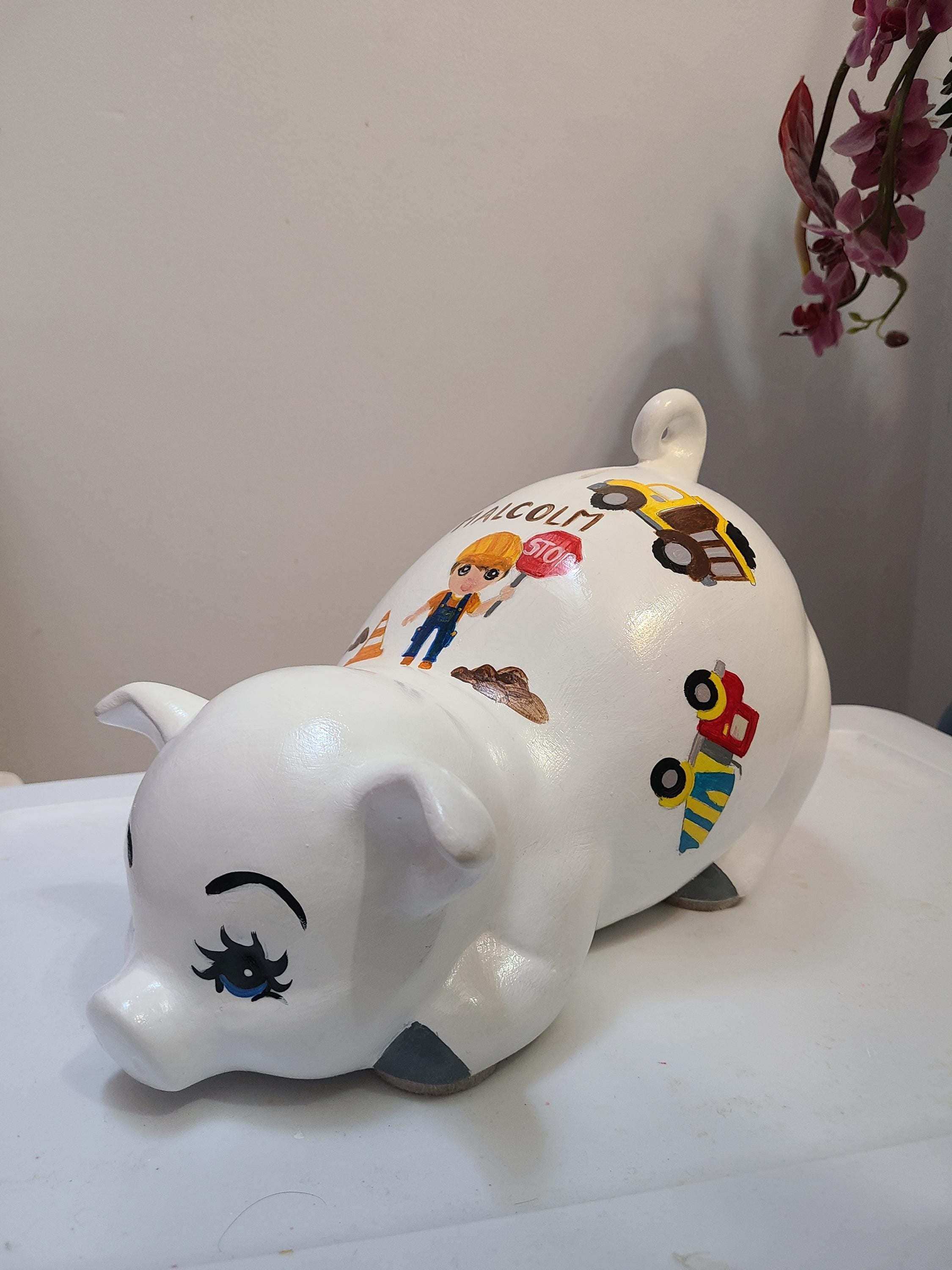 Large painted piggy construction theme piggy bank