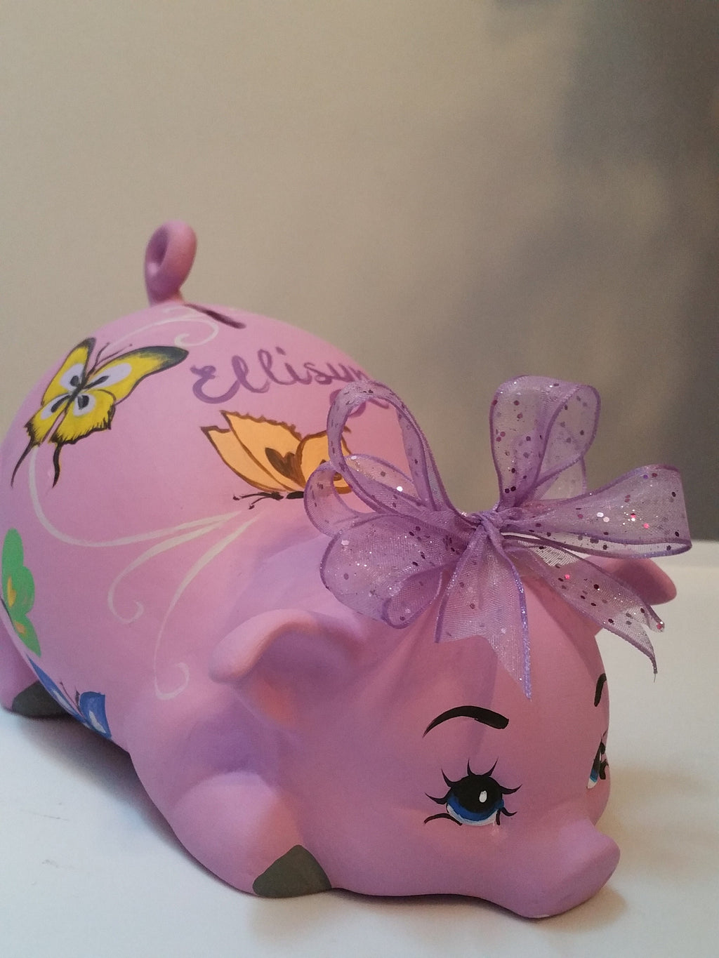 Orchid Piggy Bank With Butterflies and Custom Bow