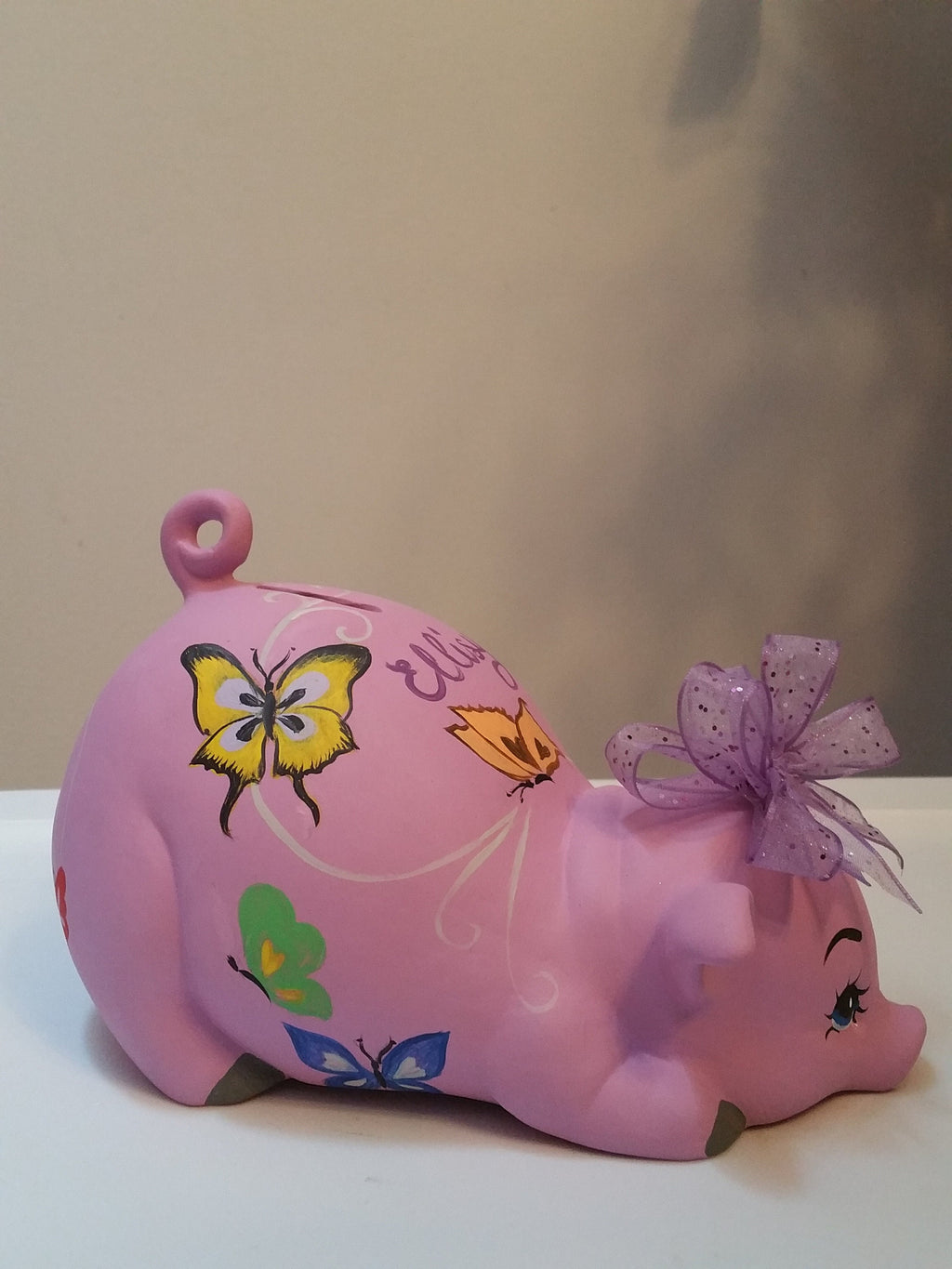 Orchid Piggy Bank With Butterflies and Custom Bow