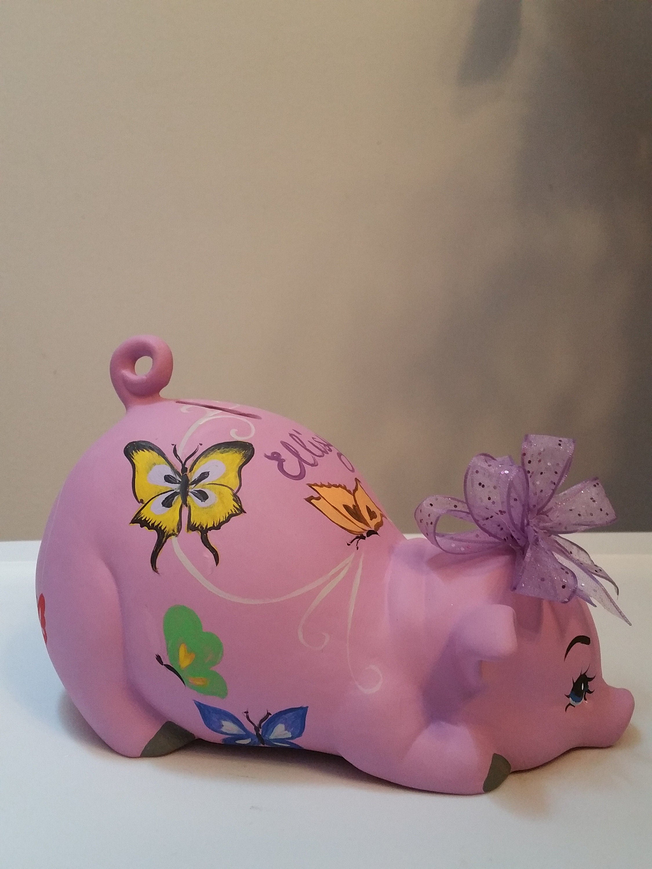 Orchid Piggy Bank With Butterflies and Custom Bow