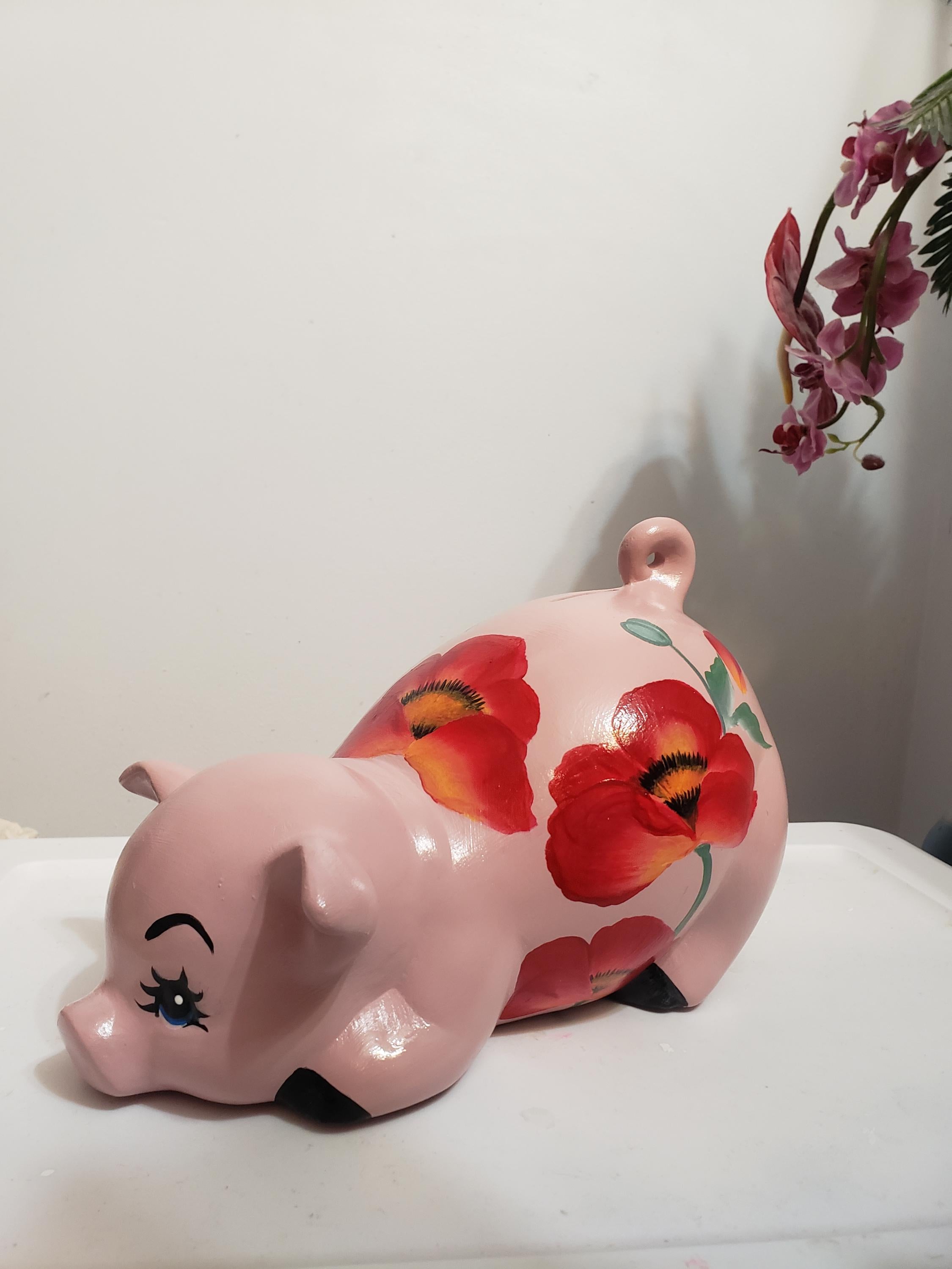Large blush pink Piggy with red Poppies Design.  This listing is for a large pig.  If a small one is preferred, please contact us.