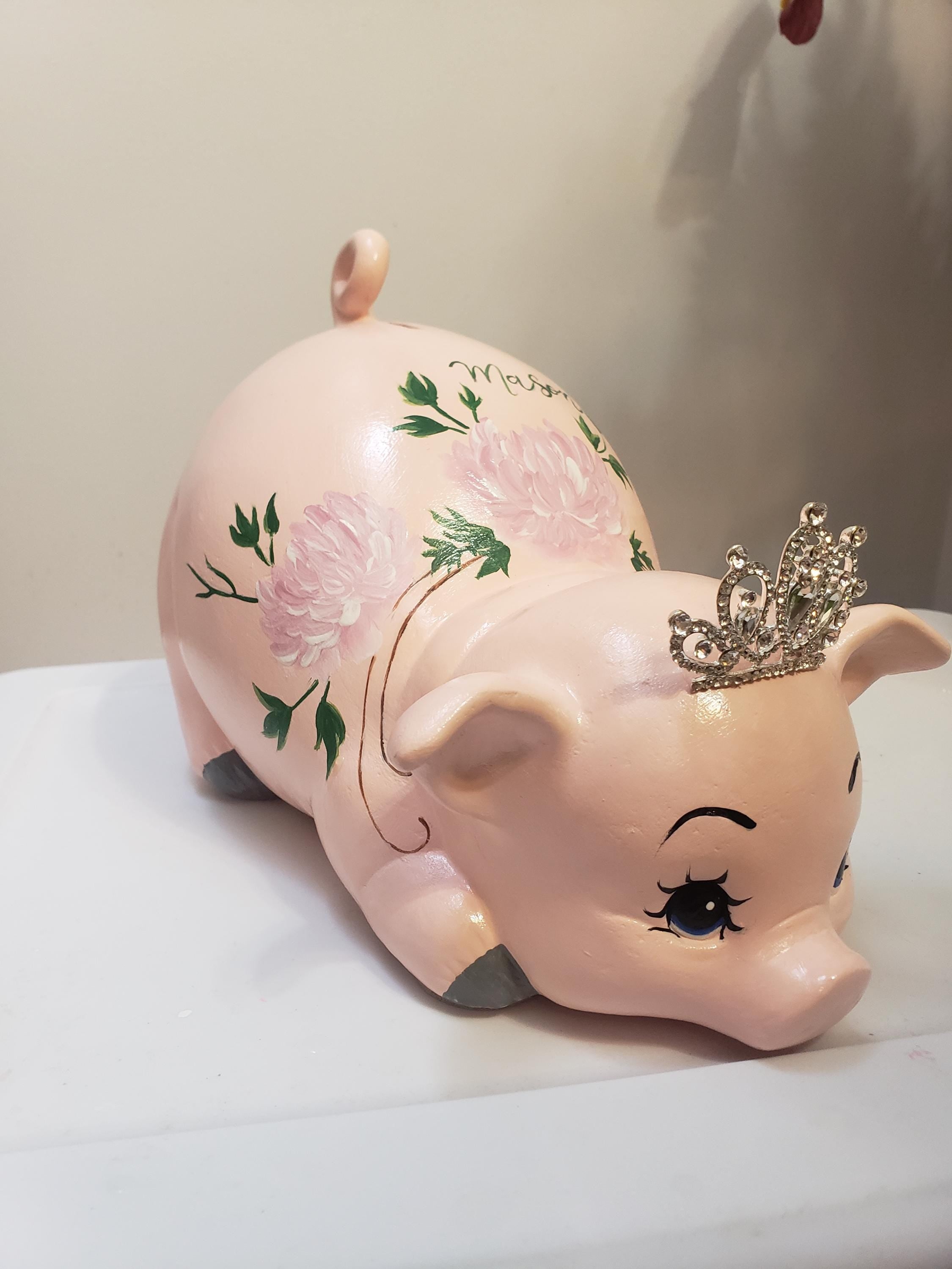 Large peony-themed piggy bank